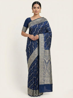 Naaritva Banaras - Navy Blue Banarasi Mashru Katan Silk Saree with Unstitched Blouse