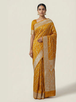Naaritva Banaras - Mustard Yellow Banarasi Mashru Katan Silk Saree with Unstitched Blouse