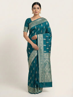 Naaritva Banaras - Peacock Teal Banarasi Mashru Katan Silk Saree with Unstitched Blouse
