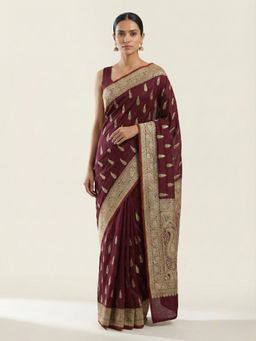 Naaritva Banaras - Wine Maroon Banarasi Mashru Katan Silk Saree with Unstitched Blouse