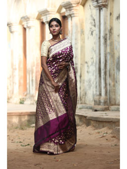 Naaritva Banaras - Wine Katan Silk Handwoven Banaras Saree with Unstitched Blouse