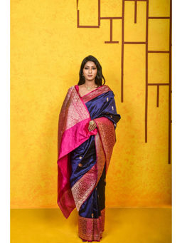 Naaritva Banaras - Navy Blue Katan Silk Handwoven Banaras Saree with Unstitched Blouse