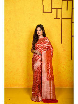 Naaritva Banaras - Red Katan Silk Handwoven Banaras Saree with Unstitched Blouse
