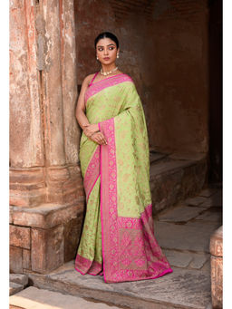 Naaritva Banaras - Pista Green Banarasi Crape Chiffon Silk Saree with Unstitched Blouse