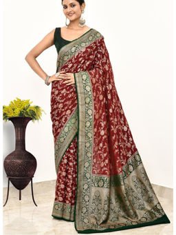 Naaritva Banaras - Maoon Khaddi Silk Handwoven Banaras Saree with Unstitched Blouse