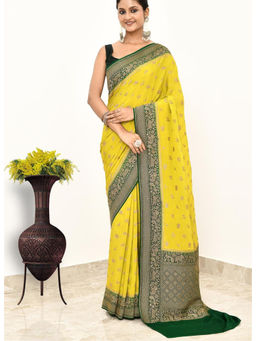 Naaritva Banaras - Lemon Yellow Khaddi Silk Handwoven Banaras Saree with Unstitched Blouse