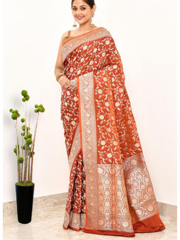 Naaritva Banaras - Tangerine Orange Katan Silk Handwoven Banaras Saree with Unstitched Blouse