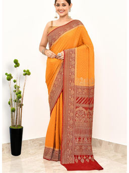 Naaritva Banaras - Tangerine Khaddi Silk Handwoven Banaras Saree with Unstitched Blouse