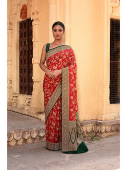 Naaritva Banaras - Red Banarasi Crape Chiffon Silk Saree with Unstitched Blouse
