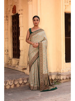 Naaritva Banaras - Olive Green Banarasi Crape Chiffon Silk Saree with Unstitched Blouse