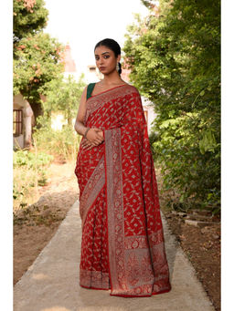 Naaritva Banaras - Red Banarasi Crape Chiffon Silk Saree with Unstitched Blouse