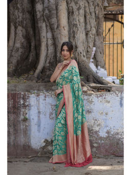 Naaritva Banaras - Teal Green Khaddi Chiffon Handwoven Banarasi Saree with Unstitched Blouse