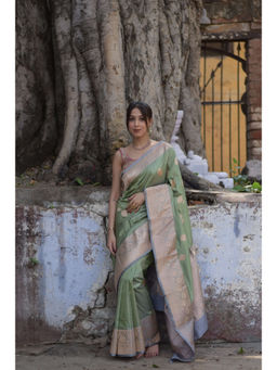 Naaritva Banaras - Tea Green Pure Handwoven Banarasi Katan Silk Saree with Unstitched Blouse