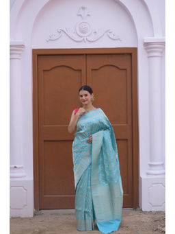 Naaritva Banaras - Soft Cyan Pure Handwoven Banarasi Katan Silk Saree with Unstitched Blouse