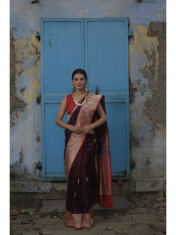 Naaritva Banaras - Mahogany Brown Pure Handwoven Banarasi Katan Silk Saree with Unstitched Blouse