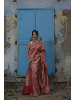 Naaritva Banaras - Red Jaal Pure Handwoven Banarasi Katan Silk Saree with Unstitched Blouse
