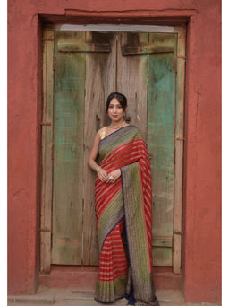 Naaritva Banaras - Red Khaddi Chiffon Handwoven Banarasi Saree with Unstitched Blouse