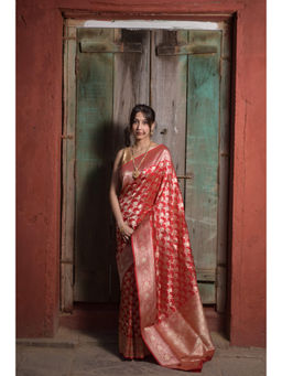 Naaritva Banaras - Red Jaal Pure Handwoven Banarasi Katan Silk Saree with Unstitched Blouse