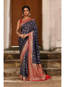 Naaritva Banaras - Navy Blue Banarasi Crape Chiffon Silk Saree with Unstitched Blouse