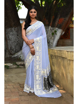 Naaritva Banaras - Pastel Blue and Silver Banarasi Crape Chiffon Silk Saree with Unstitched Blouse