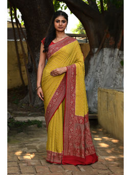 Naaritva Banaras - Yellow Handwoven Banarasi Crape Chiffon Silk Saree with Unstitched Blouse