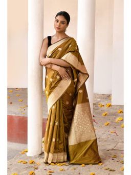 Naaritva Banaras - Olive Green Handwoven Banarasi Katan Silk Saree with Unstitched Blouse