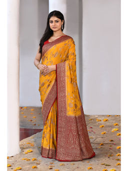 Naaritva Banaras - Yellow Banarasi Crape Chiffon Silk Saree with Unstitched Blouse