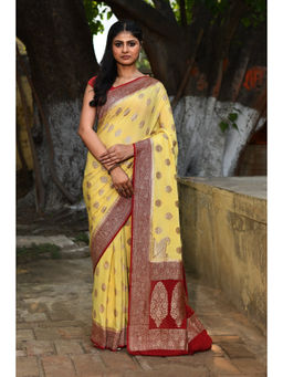 Naaritva Banaras - Pale Yellow Banarasi Crape Chiffon Silk Saree with Unstitched Blouse