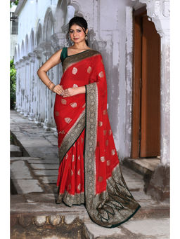 Naaritva Banaras - Red Banarasi Crape Chiffon Silk Saree with Unstitched Blouse