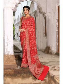 Naaritva Banaras - Red Banarasi Jaal Crape Chiffon Silk Saree with Unstitched Blouse