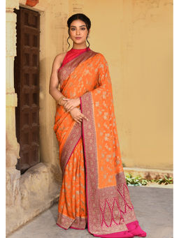 Naaritva Banaras - Orange Banarasi Crape Chiffon Silk Saree with Unstitched Blouse