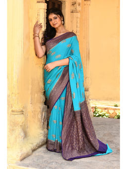 Naaritva Banaras - Blue Banarasi Crape Chiffon Silk Saree with Unstitched Blouse