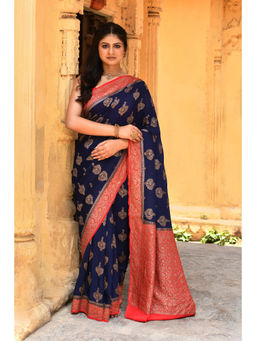Naaritva Banaras - Royal Navy Blue Banarasi Crape Chiffon Silk Saree with Unstitched Blouse