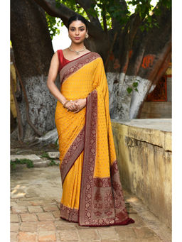Naaritva Banaras - Yellow Banarasi Crape Chiffon Silk Saree with Unstitched Blouse