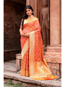 Naaritva Banaras - Radiant Orange-Pink Pure Silk Katan Brocade Saree with Unstitched Blouse