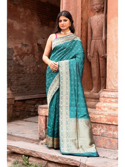 Naaritva Banaras - Teal Green Pure Silk Katan Brocade Saree with Unstitched Blouse