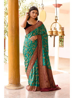 Naaritva Banaras - Teal Green Handwoven Banarasi Crepe Chiffon Silk Saree with Unstitched Blouse