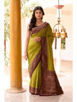 Naaritva Banaras - Olive Green Handwoven Banarasi Crepe Chiffon Silk Saree with Unstitched Blouse