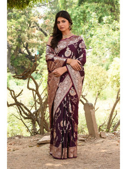 Naaritva Banaras - Wine Handwoven Banarasi Silk Saree with Unstitched Blouse
