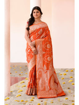 Naaritva Banaras - Orange Banarasi Silk Saree with Unstitched Blouse