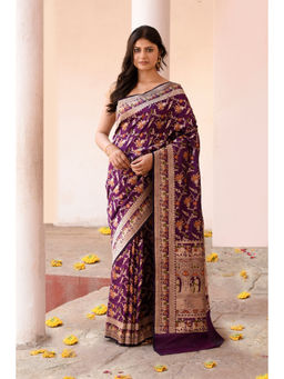 Naaritva Banaras - Plum Purple Handwoven Pure Banarasi Katan Silk Saree with Unstitched Blouse