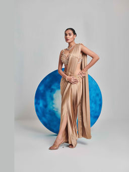 ONE KNOT ONE - Gold Champagne Pre Stitch Hand Pleated Drape Saree with Stitched Blouse