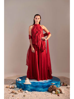 ONE KNOT ONE - Red Cutwork Tunic with Sharara and Dupatta