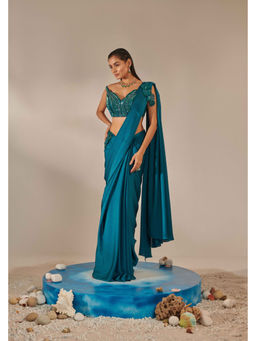 ONE KNOT ONE - Teal Off Shoulder Stitched Blouse with Pre-Stitch Drape Saree