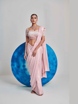ONE KNOT ONE - Pink Ombre Gradient Pre Stitch Embroider Drape Saree with Stitched Blouse