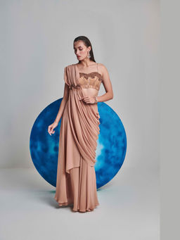 ONE KNOT ONE - Beige Flared Pre Stitch Drape Saree with Stitched Blouse