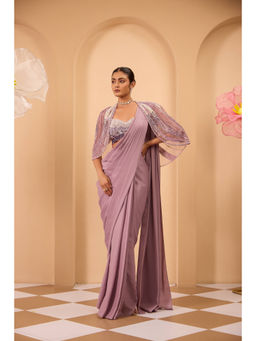 ONE KNOT ONE - Purple Short Cape with Stitched Blouse and Drape Saree