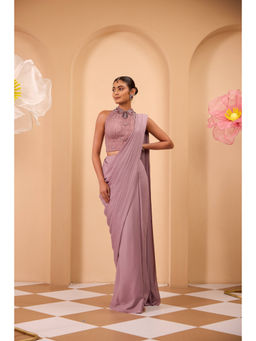 ONE KNOT ONE - Lilac Embroidered Saree with Stitched Blouse