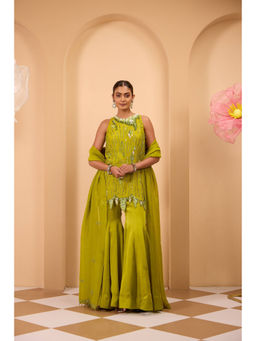 ONE KNOT ONE - Green Embroidered Tunic with Sharara and Dupatta