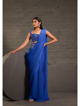 ONE KNOT ONE - Blue Metallic Drape Saree with Cutwork Corset Stitched Blouse